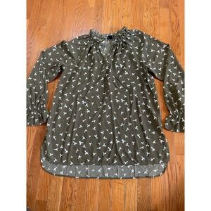 Kaari Blue Shirt Womens XL Sage Green Ruffle Hi Low‎ Tunic Dress white birds